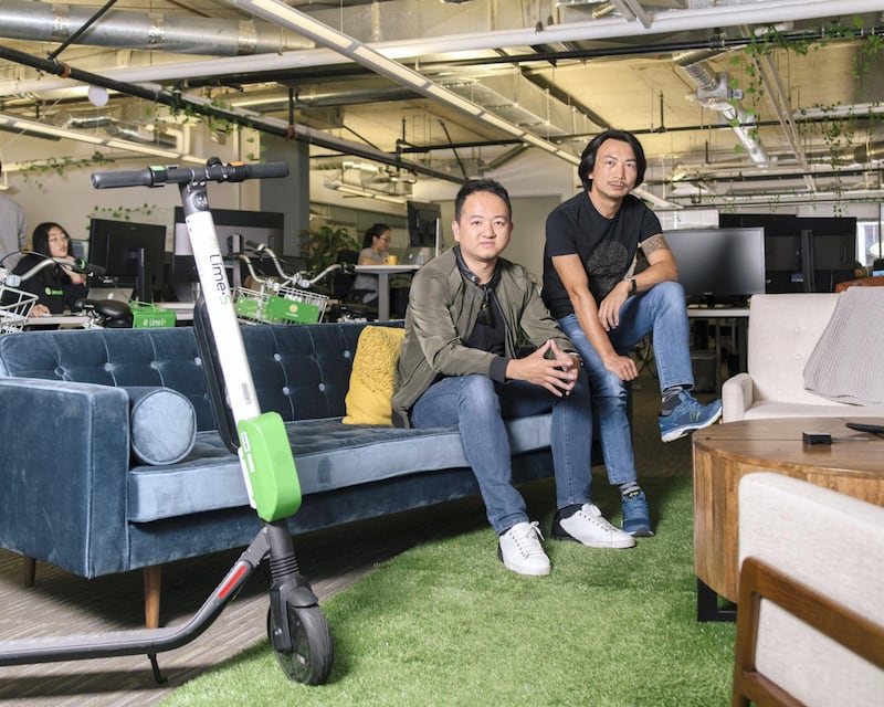 LimeBike co-founders Toby Sun (left) and Brad Bao sit for portraits in the LimeBike headquarters in San Mateo, CA on May 22, 2018.Images by Cayce Clifford
