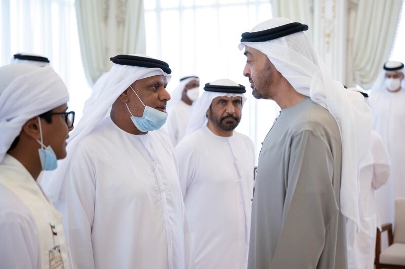 President Sheikh Mohamed speaks with Saleh Al Jneibi, father of Khamis, during a Sea Palace barza. Photo: Ministry of Presidential Affairs 