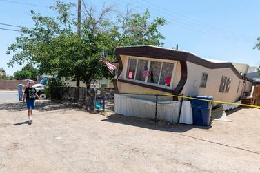 A mobile home Ridgecrest, southern California that was knocked off its foundation by an earthquake on July 4, 2019. The areas was hit by a stronger tremor the following day. The Daily Press via AP