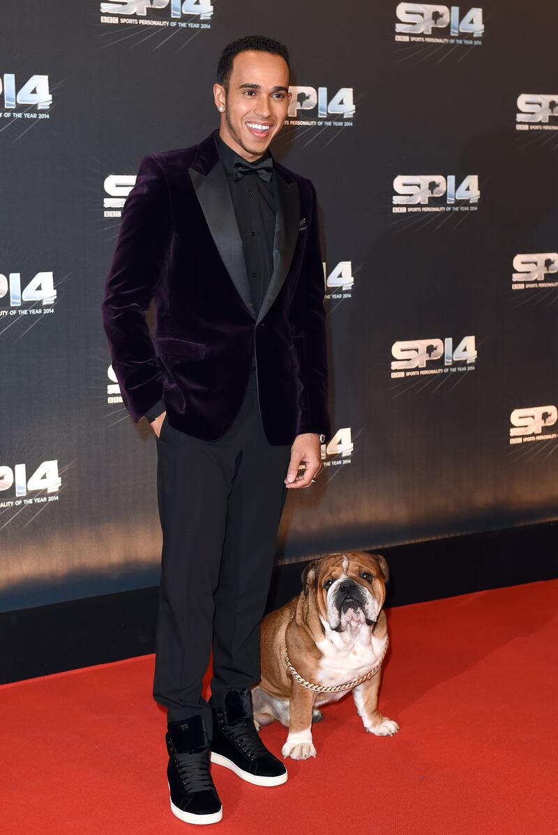 Lewis Hamilton, in a purple velvet tuxedo, and his dog Roscoe attend the BBC Sports Personality of the Year awards at The Hydro on December 14, 2014, in Glasgow, Scotland. Getty Images
