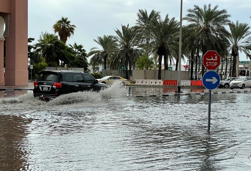 Flood waters are seen on the roads around the Ibn Batutta mall area of Dubai. James O'Hara / The National