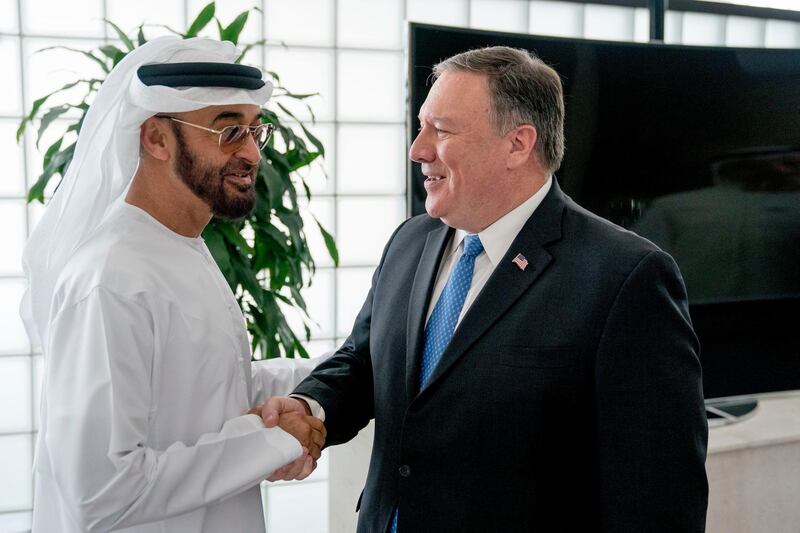 Sheikh Mohammed welcomes Mr Pompeo at the Al Shati Palace. AP Photo