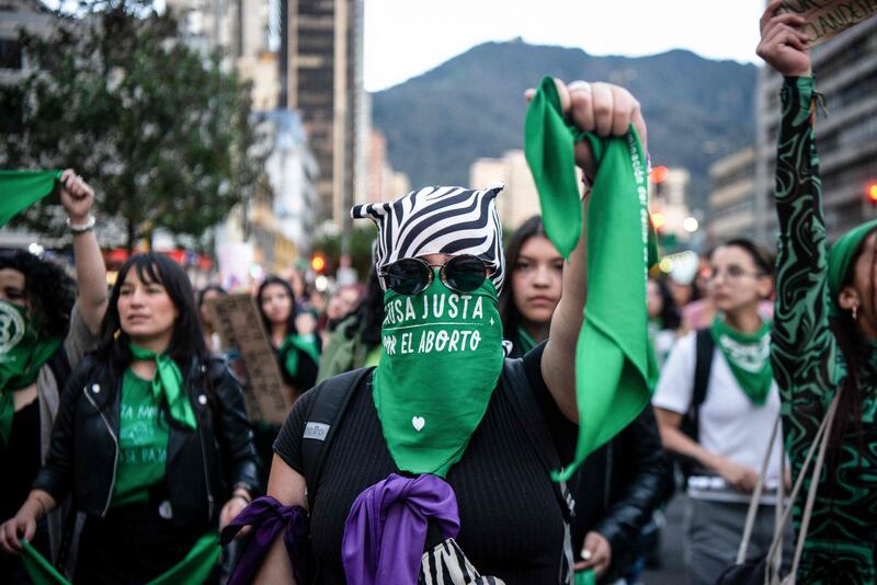 Members of feminist organisations demonstrate in favour of the decriminalisation of abortion on International Safe Abortion Day, in Bogota, Colombia. AFP