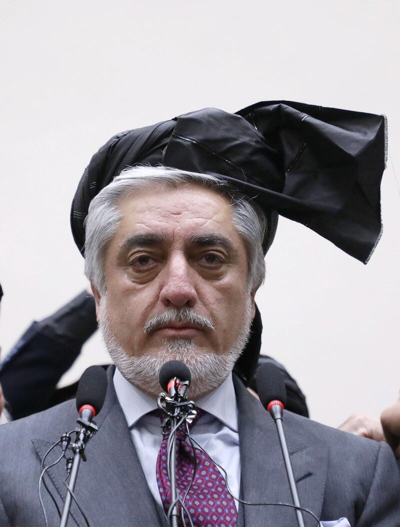 Afghanistan's presidential candidate Abdullah Abdullah speaks after the final presidential election results in Kabul, Afghanistan February 18, 2020 REUTERS/Omar Sobhani