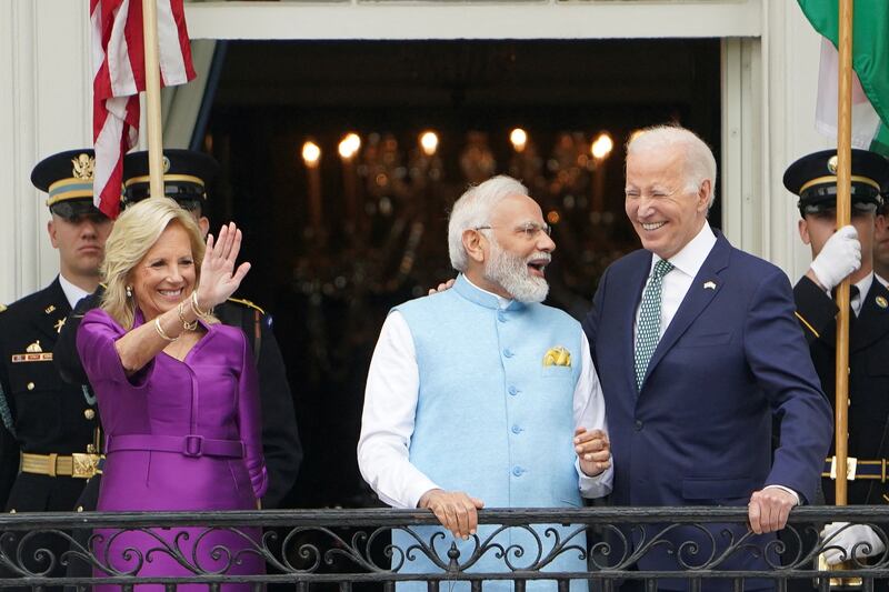 Mr Biden, first lady Jill Biden and Mr Modi attend an official state arrival ceremony at the White House. Reuters