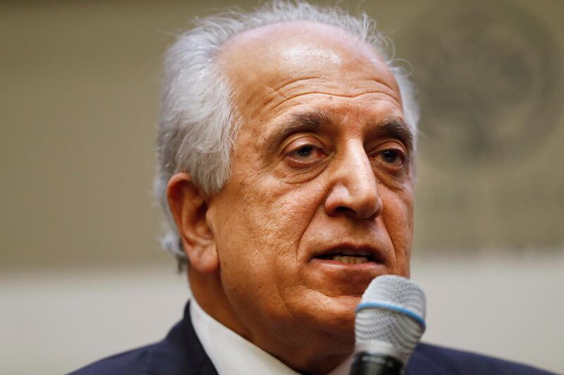 FILE - In this Feb. 8, 2019, file photo, Special Representative for Afghanistan Reconciliation Zalmay Khalilzad speaks on the prospects for peace at the U.S. Institute of Peace, in Washington. U.S. peace envoy Zalmay Khalilzad held on Saturday, Dec. 7, 2019 the first official talks with Afghanistan's Taliban since last September when President Donald Trump declared a near-certain peace deal with the insurgents dead. (AP Photo/Jacquelyn Martin, File)