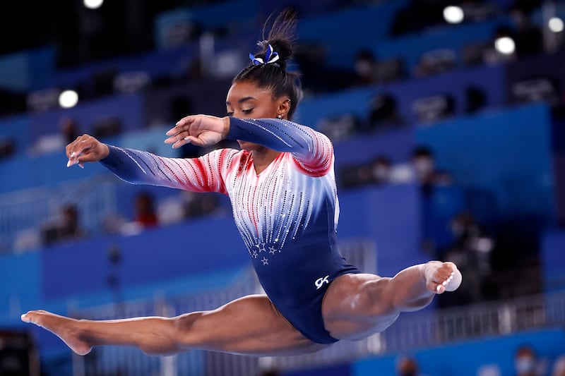 Simone Biles of the USA competes in the Women's Balance Beam Final.