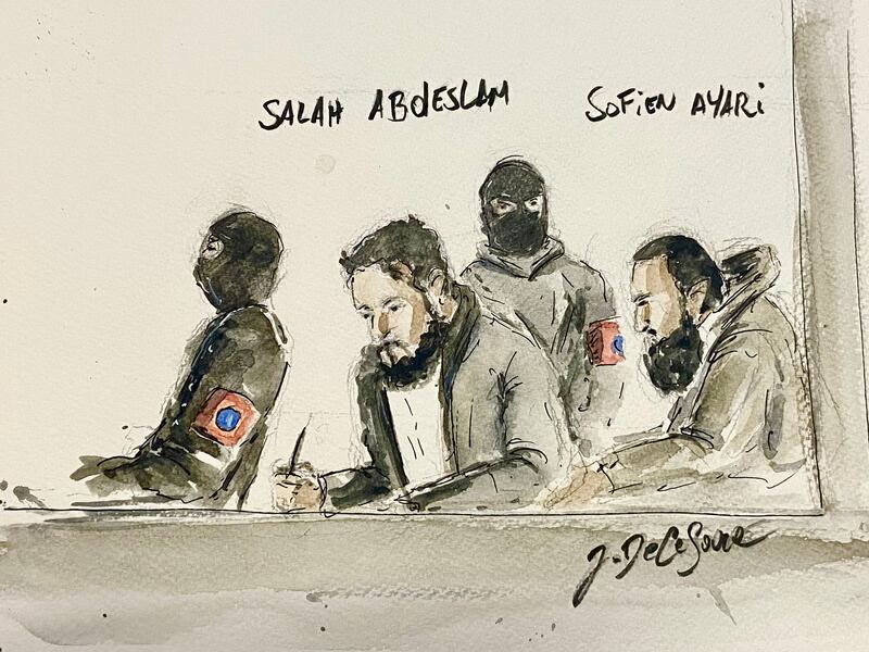 A courtroom sketch of defendants Salah Abdeslam and Sofien Ayari at their trial where they are accused of involvement in the 2016 Brussels attacks. AFP