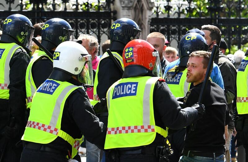 Counter-protesters clash with police during a Black Lives Matter demonstration at Westminster in London.  Reuters
