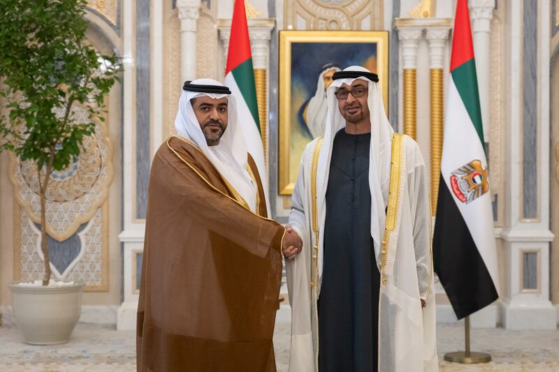 President Sheikh Mohamed stands for a photograph with Ali Al Ali, the UAE's ambassador to Unesco, during a ceremony for newly appointed ambassadors at Qasr Al Watan. All photos: UAE Presidential Court