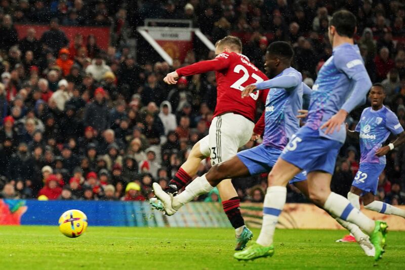 Luke Shaw scores for Manchester United. AP