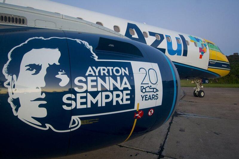 An airplane owned by the Brazilian airliner Azul is shown designed with a 20-year anniversary logo in tribute to Ayrton Senna. EPA / Cia Aerea Azul / April 26, 2014