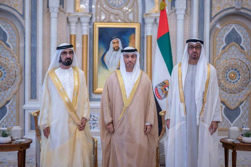 President Sheikh Mohamed and Sheikh Mohammed bin Rashid with Ahmed Al Falasi, who is the new Minister for Education. Photo: @HHShkMohd / Twitter