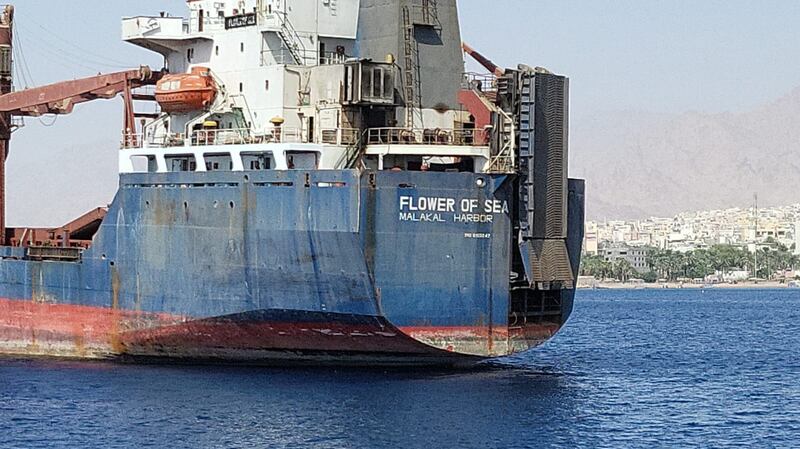 The Flower of Sea moored in Aqaba waters. Jordanian authorities say the Egyptian-owned ship was behind an oil spill on August 14 that affected large parts of Aqaba's Red Sea coast. The National