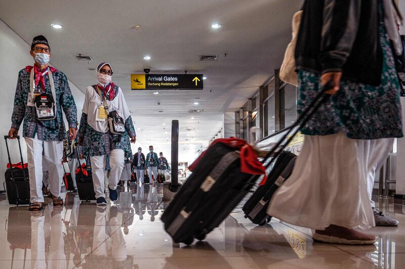 Indonesian pilgrims prepare to depart from Juanda International Airport in Surabaya. AFP