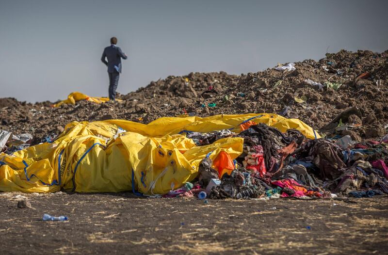 Wreckage lies at the scene where the Ethiopian Airlines Boeing 737 Max 8 crashed. AP Photo