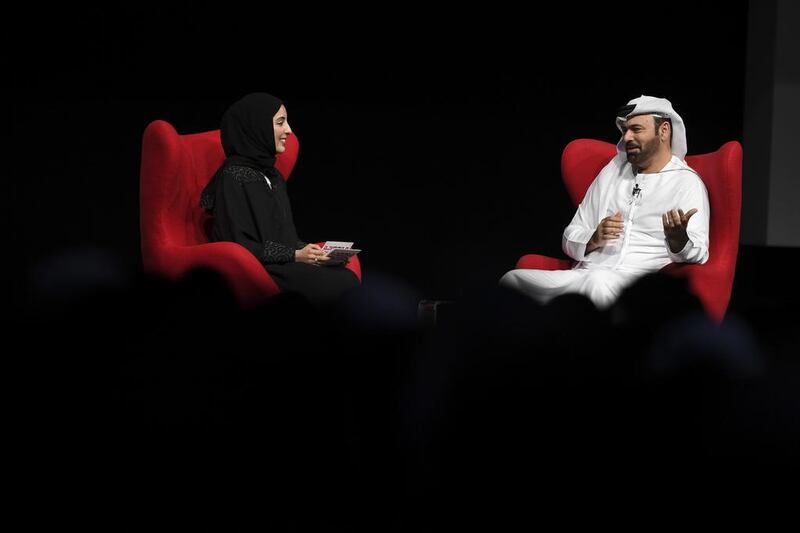Mohammed Abdulla Al Gergawi, Minister of Cabinet Affairs and the Future, right, and Shamma Suhail Al Mazrouei, Minister of State for Youth Affairs address the majlis. Hamad Al Kaabi / Crown Prince Court - Abu Dhabi