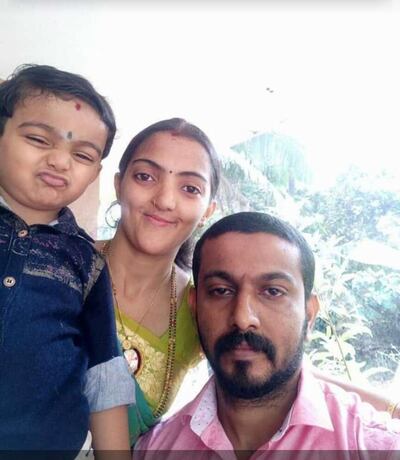 Lokesh Kulan with his wife Tejaswani and son Likhil in happier times. Mr Kulan was on board a flight to Mangalore on Monday as part of a repatriation drive to take home citizens stranded overseas amid the coronavirus pandemic. Courtesy: Lokesh Kulan