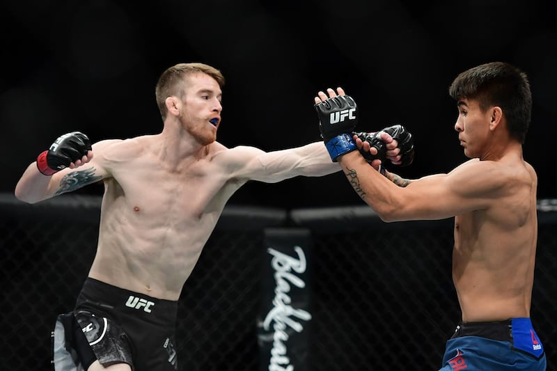 NEW YORK, NEW YORK - JANUARY 19: Cory Sandhagen (left) fights against Mario Bautista during their bantamweights fight at UFC Fight Night at Barclays Center on January 19, 2019 in New York City.   Sarah Stier/Getty Images/AFP