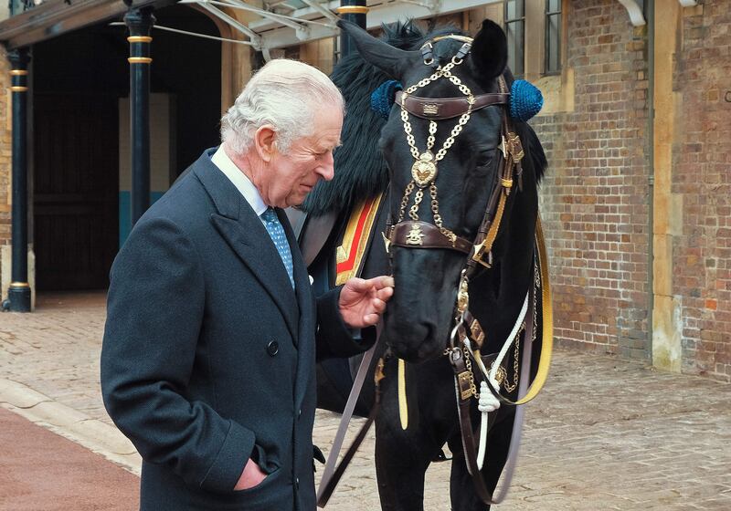 King Charles III with Noble, a mare gifted to him by the Royal Canadian Mounted Police. AFP.