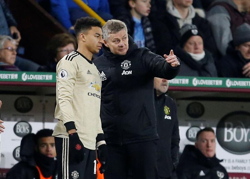 Soccer Football - Premier League - Burnley v Manchester United - Turf Moor, Burnley, Britain - December 28, 2019  Manchester United manager Ole Gunnar Solskjaer gives instructions to Jesse Lingard     Action Images via Reuters/Craig Brough  EDITORIAL USE ONLY. No use with unauthorized audio, video, data, fixture lists, club/league logos or "live" services. Online in-match use limited to 75 images, no video emulation. No use in betting, games or single club/league/player publications.  Please contact your account representative for further details.