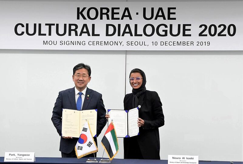 he UAE and Korea have signed a Memorandum of Understanding, MoU, launching the official UAE-Korea Dialogue for 2020, in the presence of Noura bint Mohammed Al Kaabi, Minister of Culture and Knowledge Development, and Park Yang-woo, Korean Minister of Culture, Sports and Tourism. WAM