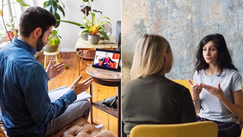 Online sessions are conducted from the comfort of one's home, but therapists may be able to pick up on body language better face-to-face. Getty Images