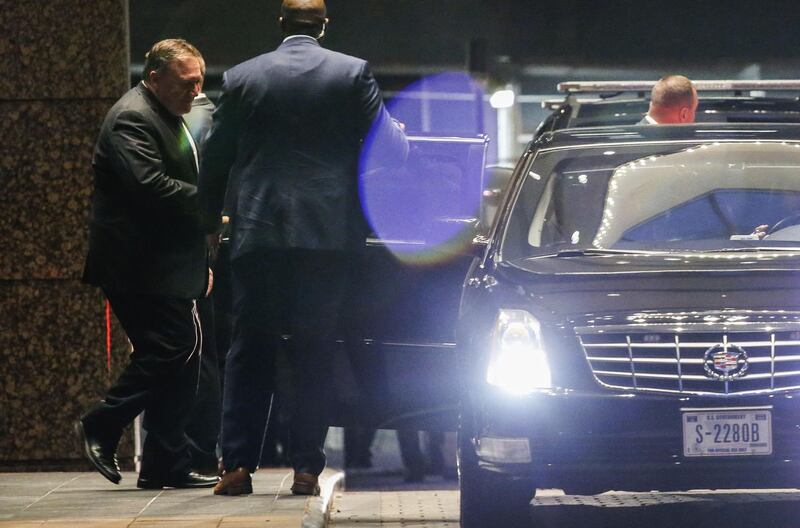 US Secretary of State Mike Pompeo, left, leaves Corinthian Condominiums following a meeting with Kim Young Chol, Vice Chairman of North Korea, on May 30, 2018 in New York. The North Korean senior official arrived in New York earlier on May 30, 2018 for talks on salvaging a summit meeting between US President Donald Trump and North Korean leader Kim Jong Un. Kena Betancur / AFP