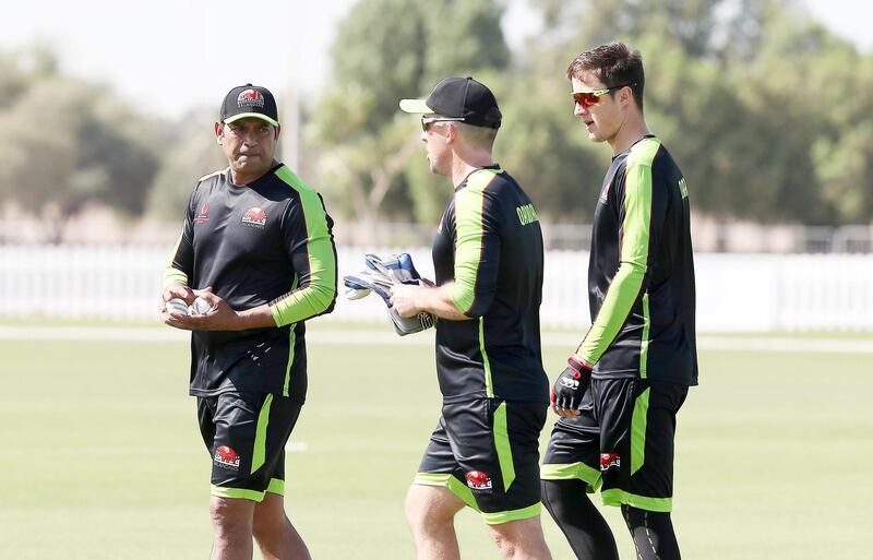 ABU DHABI, UNITED ARAB EMIRATES , Nov 13  – 2019 :- Aqib Javed , coach (left) of  Qalandars T10 cricket team during the training session held at Sheikh Zayed Cricket Stadium in Abu Dhabi. ( Pawan Singh / The National )  For Sports. Story by Paul