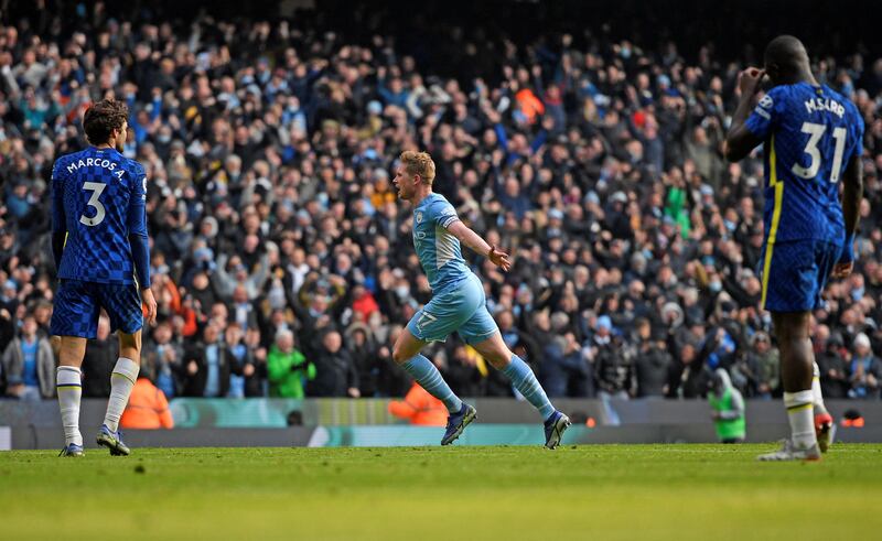 Kevin De Bruyne celebrates after scoring the opening goal for Manchester City against Chelsea. AFP