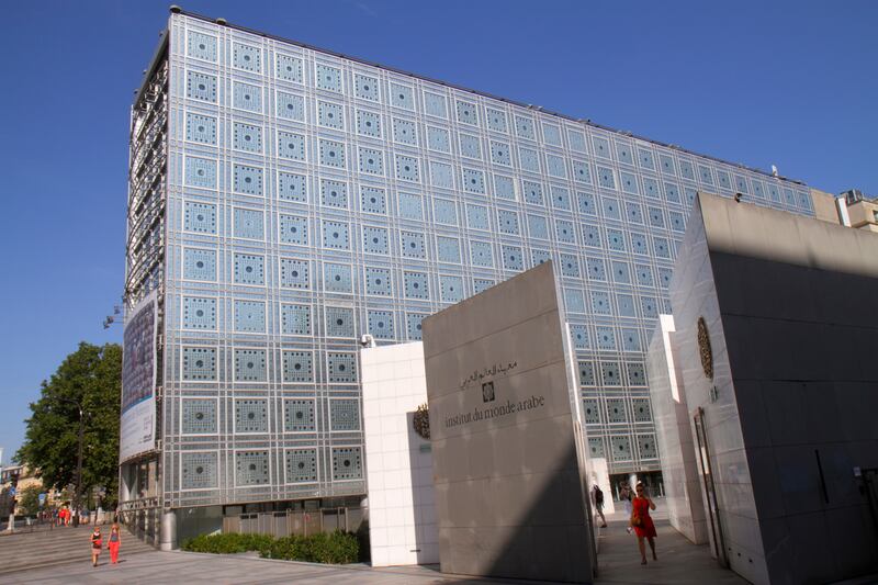 France Europe French Paris 5th arrondissement Arab World Institute AWI Institut du Monde Arabe exterior outside building glass wall. (Photo by: Jeff Greenberg/Universal Images Group via Getty Images)