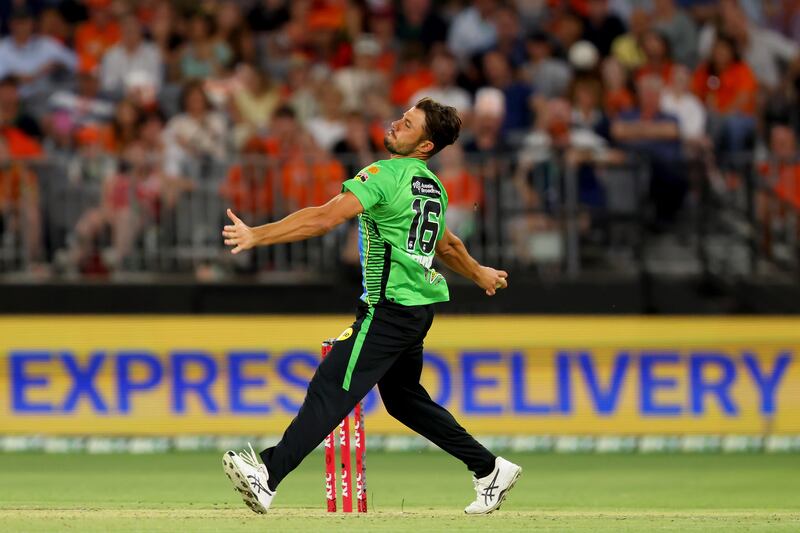 Marcus Stoinis of Melbourne Stars bowls in the Big Bash League match against Perth Scorchers. Getty 