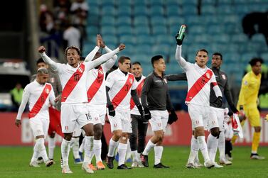 Peru's players celebrate their victory over Chile in the Copa America semi-finals at Arena do Gremio Stadium in Porto Alegre. Fernando Bizerra / EPA