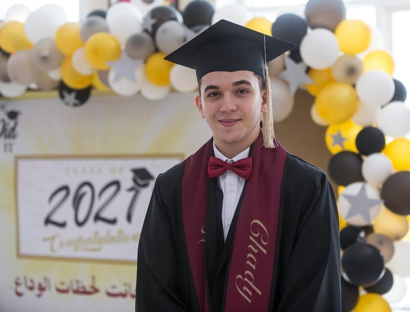 Ajman, United Arab Emirates - Interview with Chady Al Kattan at the Al Shola American School first in-person graduation for 12 graders.  Leslie Pableo for The National for Amir's story