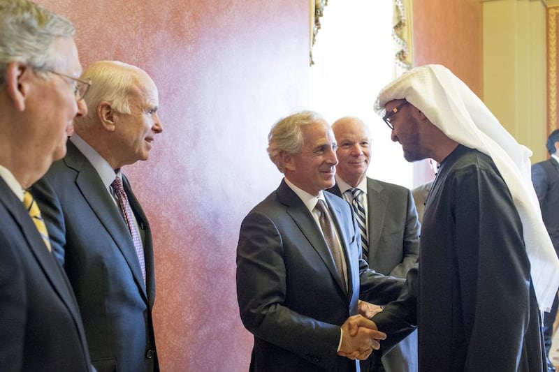 Sheikh Mohamed greets US senators Bob Corker, Mitch McConnell, John McCain and Mr Cardin. Ryan Carter / Crown Prince Court Abu Dhabi
