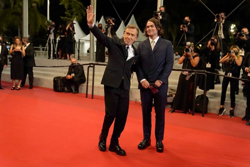 Tim Roth, left, and Michael Cormac Roth attend the premiere of 'Bergman Island' at the 74th annual Cannes Film Festival on July 11, 2021