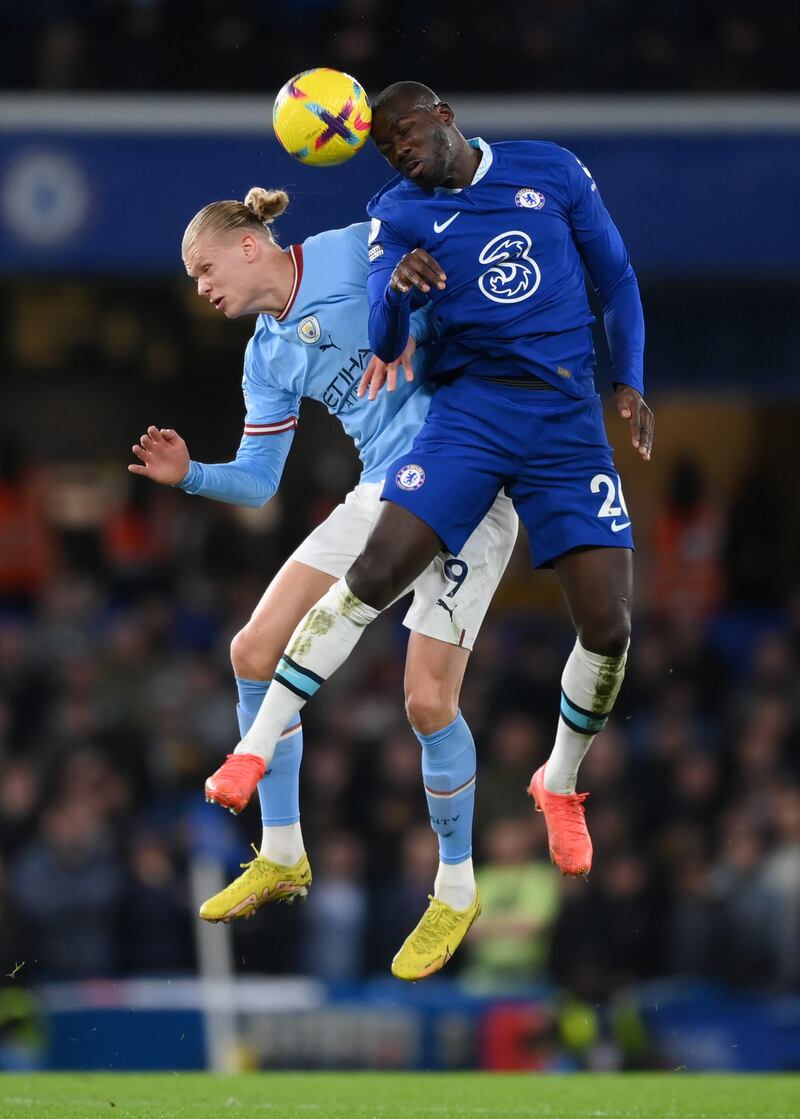 Erling Haaland of Manchester City fights for the ball with Chelsea's Kalidou Koulibaly. Getty