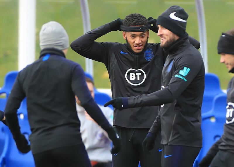 Joe Gomez and Harry Kane during an England training session at St George's Park.
