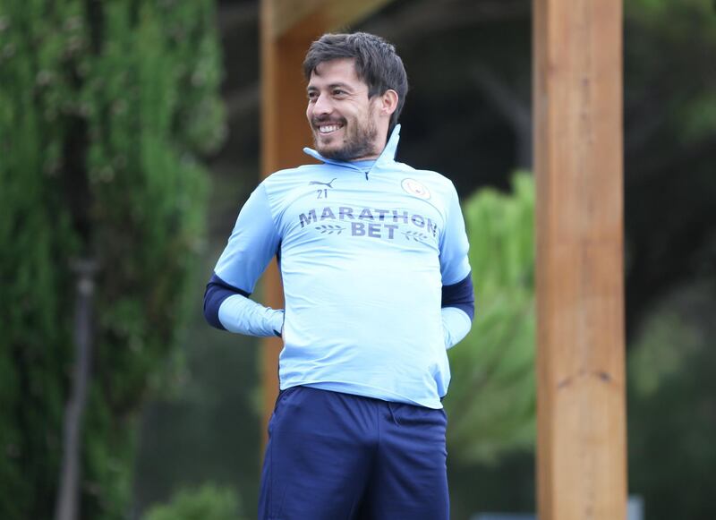 LISBON, PORTUGAL - AUGUST 11: David Silva of Manchester City takes part in a stretching session in the build up to the UEFA Champions League Quarter Final match at the team hotel on August 11, 2020 in Lisbon, Portugal. (Photo by Victoria Haydn/Manchester City FC via Getty Images)