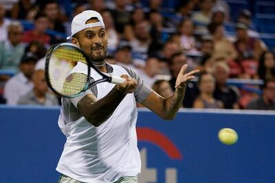 Nick Kyrgios, of Australia, hits a forehand to Tommy Paul, of the United States, during the Citi Open tennis tournament in Washington, Wednesday, Aug.  3, 2022.  (AP Photo / Carolyn Kaster)