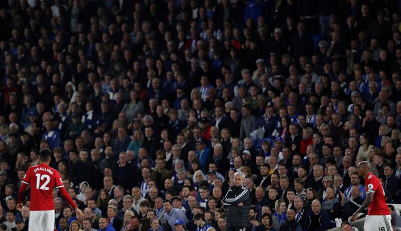 Soccer Football - Premier League - Brighton & Hove Albion v Manchester United - The American Express Community Stadium, Brighton, Britain - May 4, 2018   Manchester United manager Jose Mourinho reacts   Action Images via Reuters/Paul Childs    EDITORIAL USE ONLY. No use with unauthorized audio, video, data, fixture lists, club/league logos or "live" services. Online in-match use limited to 75 images, no video emulation. No use in betting, games or single club/league/player publications.  Please contact your account representative for further details.