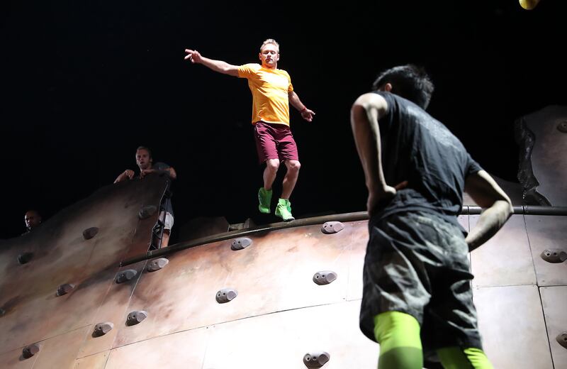 Trampolinists during training