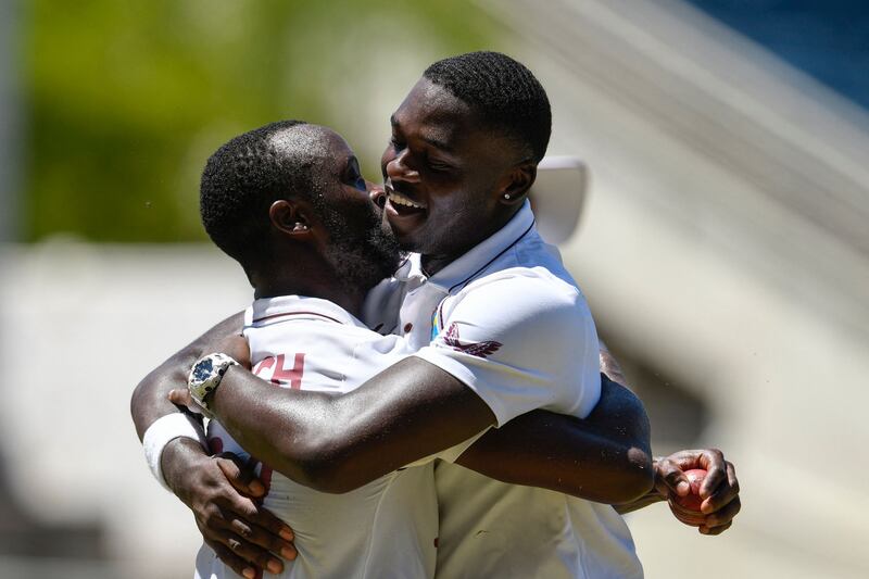 Kemar Roach, left, and Jayden Seales were the stars for the Windies with ball and bat.