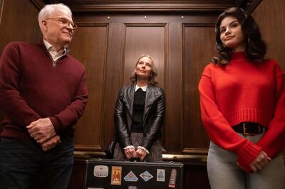 Charles (Steve Martin), Jan (Amy Ryan) and Mabel (Selena Gomez) in a scene from 'Only Murders In The Building'. Photo: Hulu