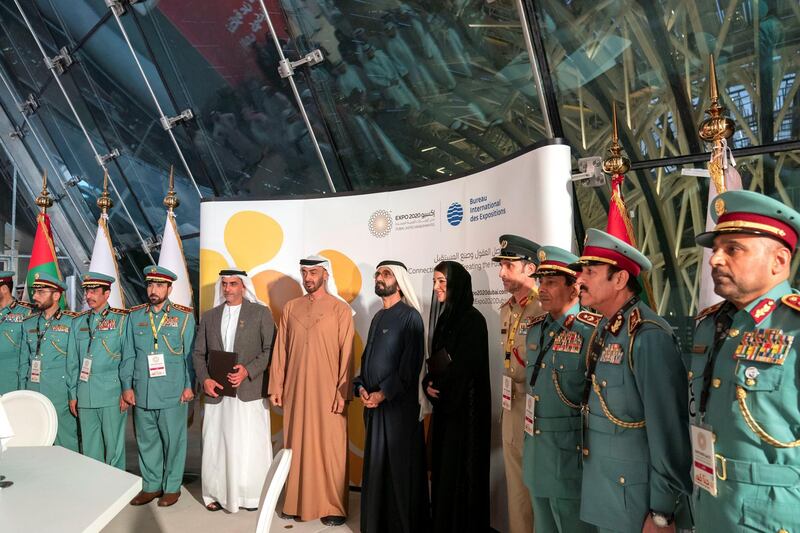 DUBAI, UNITED ARAB EMIRATES - January 29, 2020: HH Sheikh Mohamed bin Zayed Al Nahyan, Crown Prince of Abu Dhabi and Deputy Supreme Commander of the UAE Armed Forces (7th R) and HH Sheikh Mohamed bin Rashid Al Maktoum, Vice-President, Prime Minister of the UAE, Ruler of Dubai and Minister of Defence (6th R), stand for a photograph after witnessing an MOU signing ceremony at Expo 2020 Dubai site. Seen with HE Reem Ibrahim Al Hashimi, UAE Minister of State for International Cooperation (5th R) and HH Lt General Sheikh Saif bin Zayed Al Nahyan, UAE Deputy Prime Minister and Minister of Interior (8th R).

( Mohamed Al Hammadi / Ministry of Presidential Affairs )
---