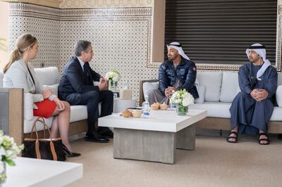 Sheikh Mohamed bin Zayed, Crown Prince of Abu Dhabi and Deputy Supreme Commander of the UAE Armed Forces, and Sheikh Abdullah bin Zayed, UAE Minister of Foreign Affairs and International Cooperation, meet with Antony Blinken, US Secretary of State. Hamad Al Kaabi / Ministry of Presidential Affairs