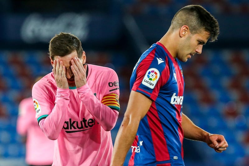 Messi had a frustrating night as Barca's title challenge took a huge knock in the 3-3 draw with Levante. AP