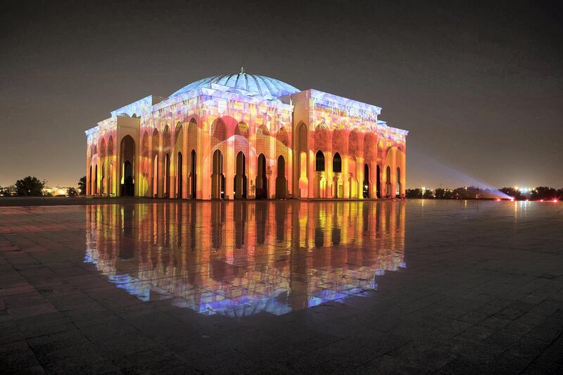 University City Hall Sharjah lit up during the Sharjah Light Festival 2019. Courtesy of Sharjah Light Festival 