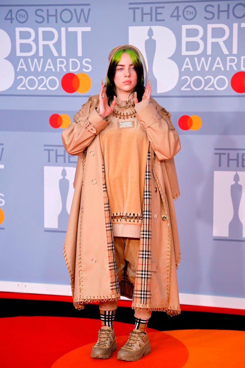 Billie Eilish arrives at the Brit Awards 2020 at The O2 Arena on Tuesday, February 18, 2020 in London, England. AFP