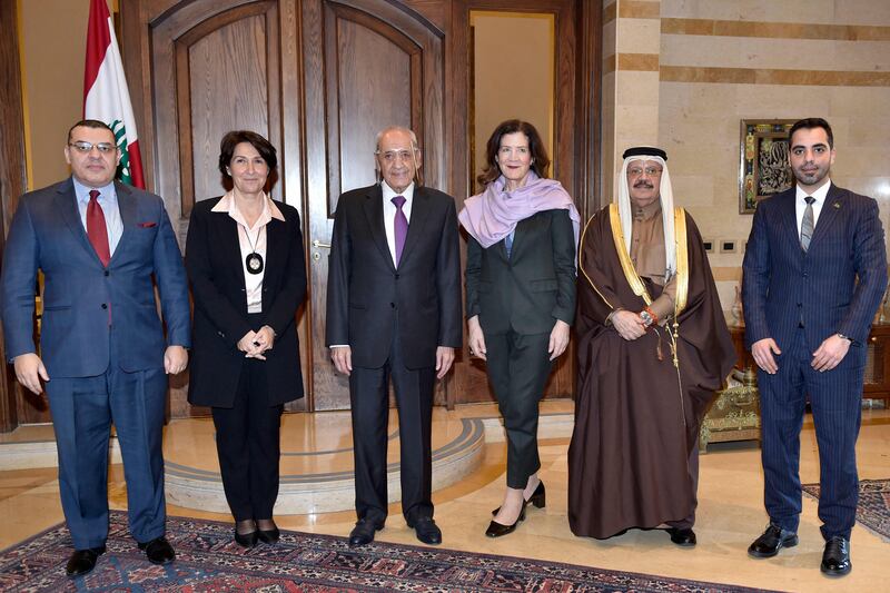Lebanese Parliament Speaker Nabih Berri poses for a group photo with representatives from Egypt, France, the US, Saudi Arabia and Qatar in Beirut. AFP